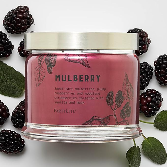 PartyLite Mulberry Scented, Notes of Tart Black Currant, Sweet Blackberry, Juicy Mulberry & Jewels of Pomegranate, 13.2oz 3-Wick Jar Candle, 45 Hour Burn Time, Luxurious Fragrance, Perfect for Gifting