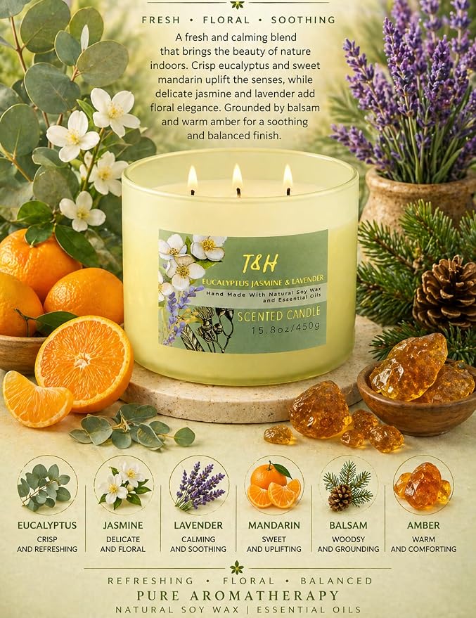 Eucalyptus Jasmine Lavender Scented Candle | 3-Wick Large Soy Candle for Home, 15.8 oz | Eucalyptus & Lavender Aromatherapy Candle | Self Care Gifts for Women, Candles for Men
