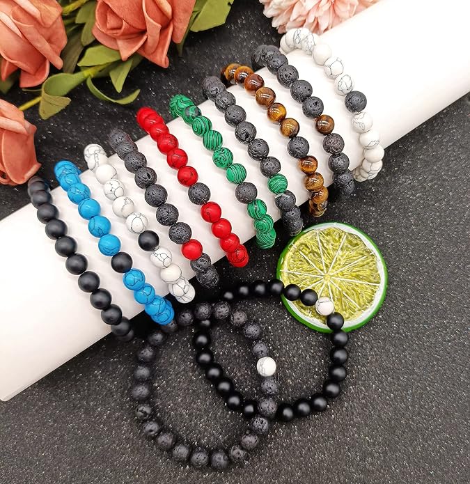 Jewdreamer 12Pcs Distance Relationship Bracelets 8mm Lava Rock Stone Beaded Bracelet for Men Women Stretch Yoga Bracelet Aromatherapy Essential Oil Diffuser Couple Bracelet Set