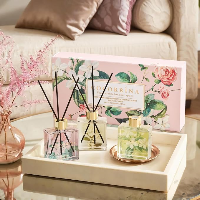 COCORRÍNA Reed Diffuser Set of 3-3 Pack/ 3.04 Fl.oz Diffuser with 24 Sticks Pink Rose/Gardenia/Jasmine & Mint, Reed Diffuser for Home Bathroom Office Decor