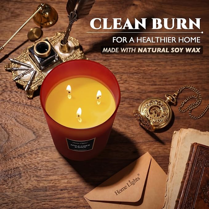 HomeLights Highly Scented Candles, Big 33.3 oz for Home, Natural Soy Aromatherapy Candles, Smokeless Long Lasting 130h with 3 Cotton Wicks, Candles Gifts for Women & Men - Apple Cider & Spice