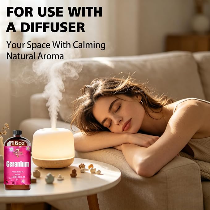 Geranium Essential Oil, Geranium Oil 16 Fl Oz 480ml for Diffuser Yoga Soap & Candle Making – with 0.33 Oz Roller Ball & Funnel YHSESSE Essential Oils
