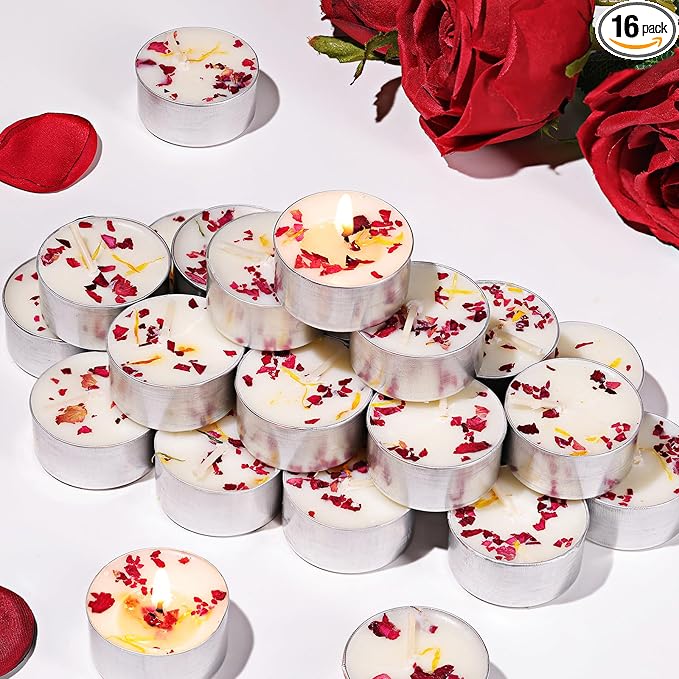 16 Pcs Rose Scented Tealight Candles, 6H Long Burning - 100% Palm Wax Based Scented Tea Lights with Dried Flowers, Non-Toxic/Smokeless Scented Tea Lights Candles for Spa, Bath, Wedding, Valentine