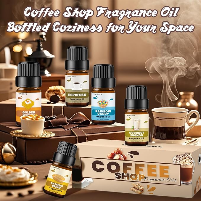 Coffee Shop Fragrance Oil Set | Espresso, Mocha Coffee, Chocolate, Almond Biscotti, Roasted Hazelnut Candle Scents for Candle Making, Soap Making Supplies, Diffuser Oil Scents