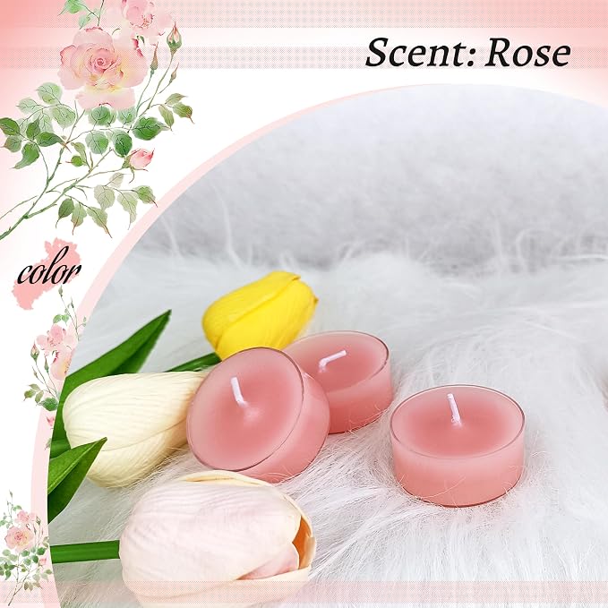 Rose Scented Tealight Candles, 24 Pack Pink Tea Lights, 6 Hour Burn Time, Modern Floral Theme, Dripless & Smokeless