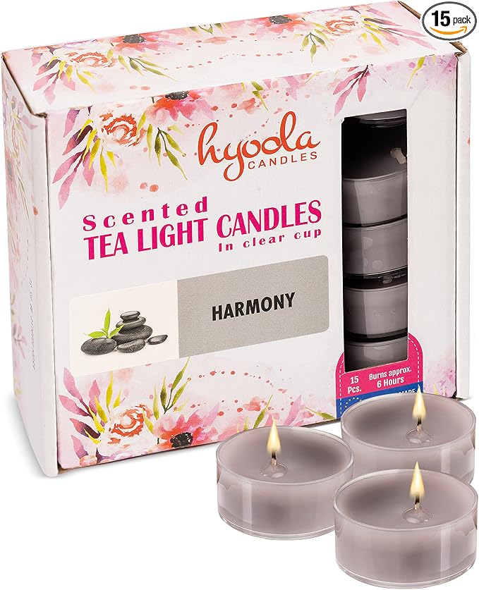 HYOOLA Scented Tealight Candles - Clear Cup - Harmony Tealight Candles Scented - 6 Hour Burn Time - 15 Pack - European Made