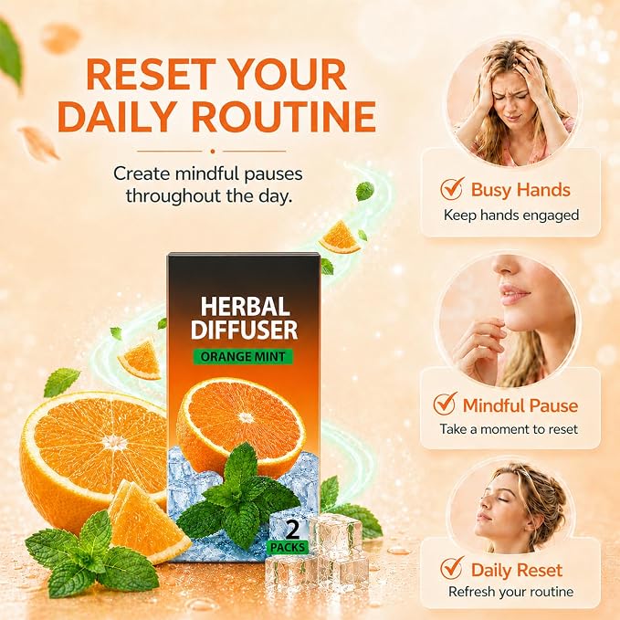 Herbal Diffuser Pen 2 Pack, Natural Mint & Orange Aroma Stick, Nicotine-Free Vaporless Fresh Scent Stick, Portable Non-Electric Herbal Diffuser for Desk, Travel, Home