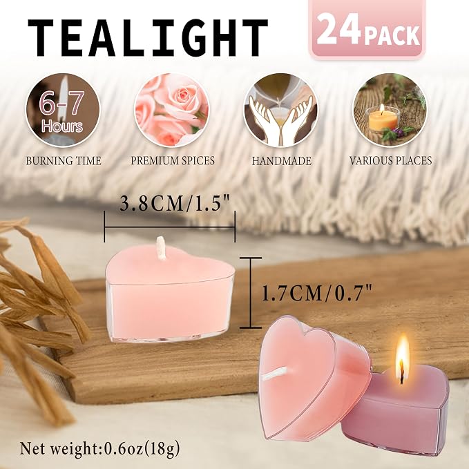 Rose Scented Heart Tealight Candles, Gradient Pink Scent Tea Lights Candles Clear Cup, 24 Pack Colored Tealights Candle, 4 Hour Burn Time Tea Candles for Weddings Romantic Valentine's Day Decor