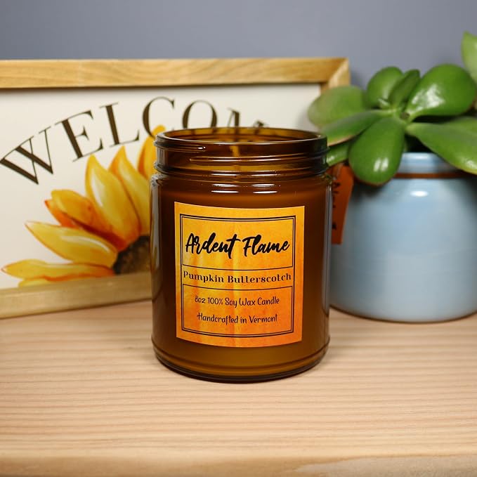 Candles | Pumpkin Butterscotch | 100% Natural Soy Wax Candle for Home Decor | Highly Scented | Premium Fragrance | Handmade in Vermont, USA | 8 oz | Long Lasting | Gift for Women and Men