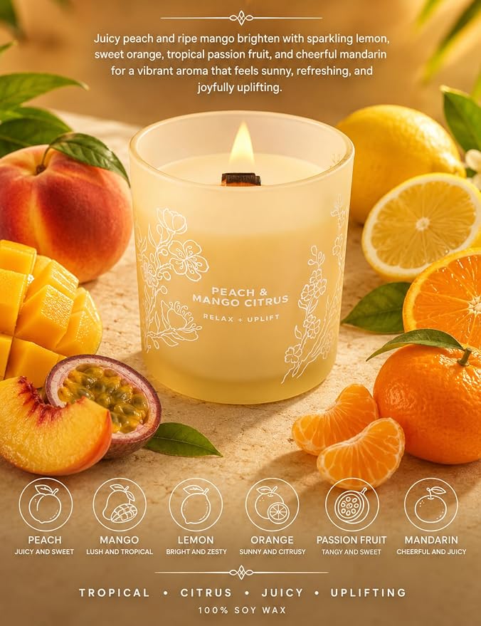 Peach Mango Citrus Candle, 10.6oz Wood Wick Soy Scented Candles for Home, Juicy Tropical Scent, Highly Scented Aromatherapy Relaxation Candle, Summer Gift for Women & Men