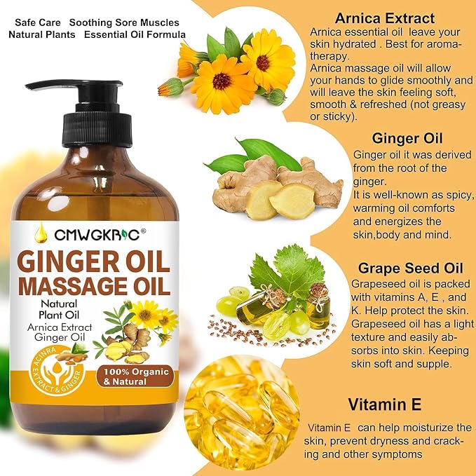 Lymphatic Drainage,Massage Oil for Massage Therapy,Ginger Oil,Ginger Massage Oil for Lymphatic Drainage Massager,Natural Body Oil for Skin,Arnica Oil,Sore Muslce Massage Oil-Warming and Relaxing