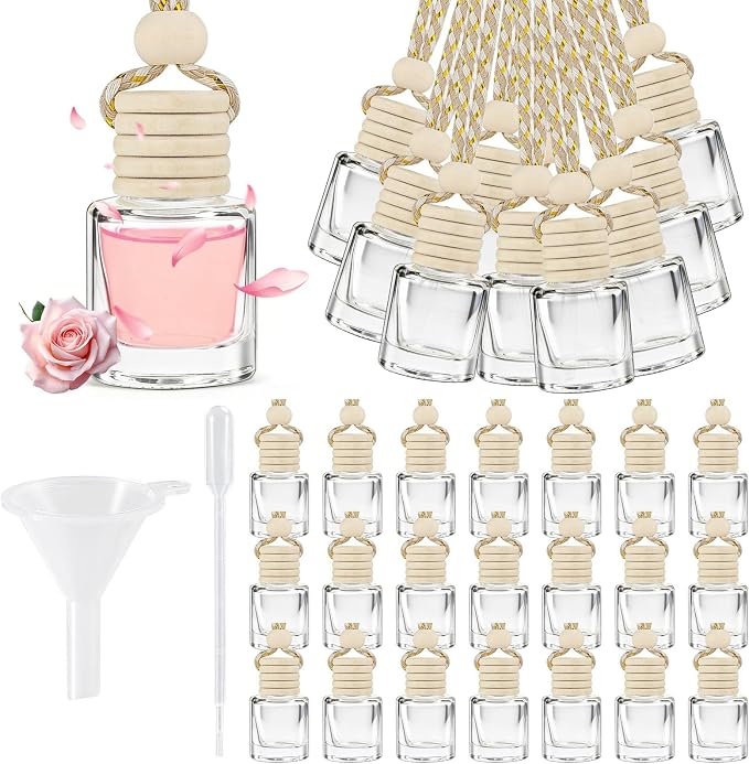 60 Pcs Car Diffuser Bottle Set with Wooden Caps,Dropper and Funnel, Empty Glass Car Air Freshener Bottle Bulk Hanging Essential Oil Fragrance Pendants for Car Decor，Can DIY Car Air Freshners Diffuser