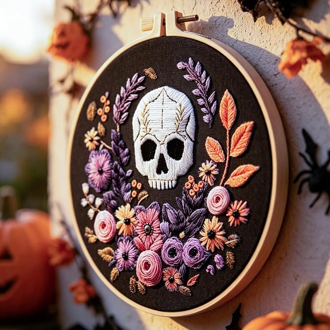 FONNUY Halloween Embroidery Kits for Beginners,Skull Pumpkin Spider Web Floral Stamped Cross Stitch Kit for Adults, Spooky Season Boho Wall Decor, 8'' Hoop (Skull 3)