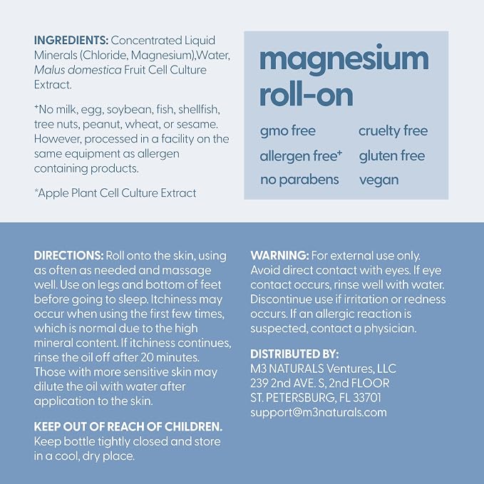 Magnesium Roll On for Adults & Kids, Easy Application for Sore Muscles, Feet, Joints and Leg Cramps, Helps with Sleeping and Post-Workout Recovery, for Sensitive Skin, 3 fl oz, by M3