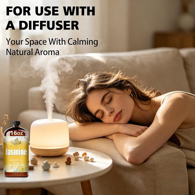 Jasmine Essential Oil, Jasmine Oil 16 Fl Oz 480ml for Diffuser Yoga Soap & Candle Making – with 0.33 Oz Roller Ball & Funnel YHSESSE Essential Oils