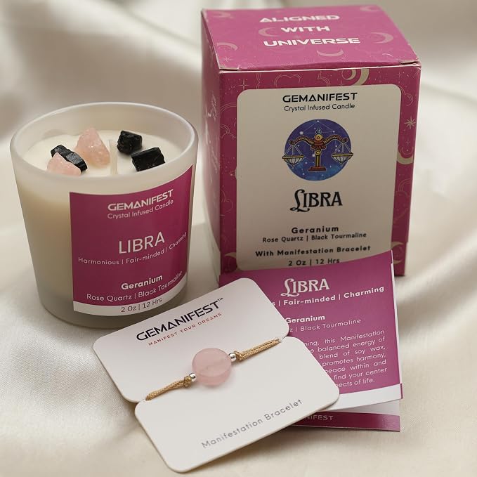 Libra Zodiac Candle with Bracelet Birthday Gifts for Libra Women Men Soy Geranium Scented Manifestation Crystal Candles Astrology Gifts Birthstone Candle