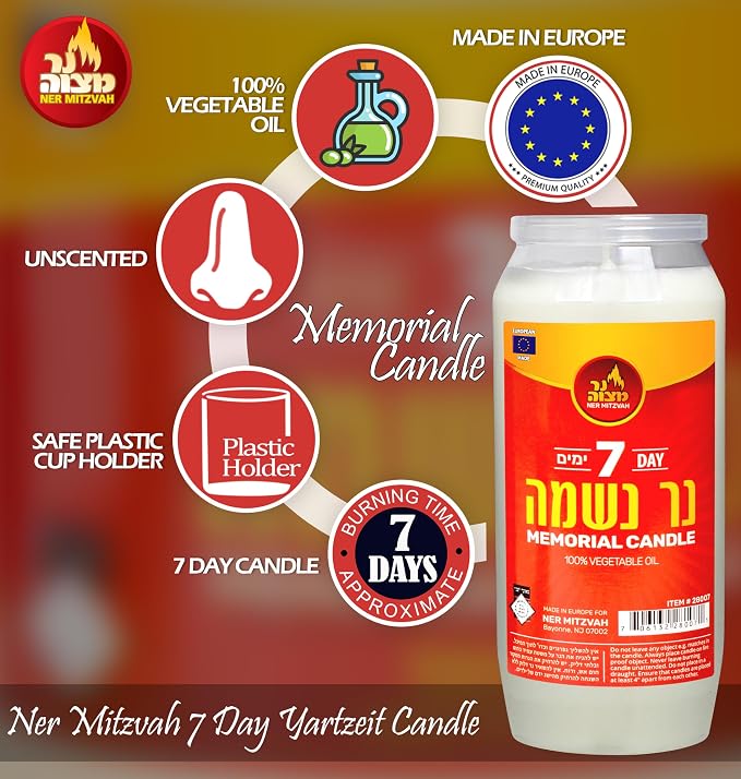 Ner Mitzvah 7 Day Yartzeit Candle - 20 Pack Kosher Yahrtzeit Memorial and Yom Kippur Candle in Plastic Holder