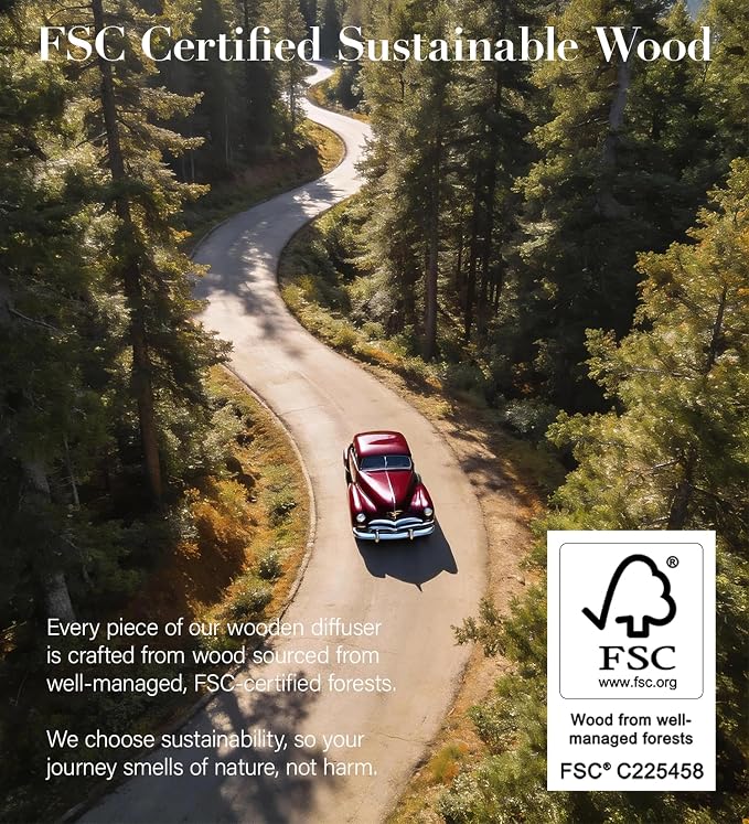 Wooden Car Air Freshener | FSC-Certified Original Wood, Visor Metal Clip, 100% Pure Essential Oils, Long-Lasting Odor Eliminator, 3 Refillable Scents Diffuser for Cars, Trucks, SUVs