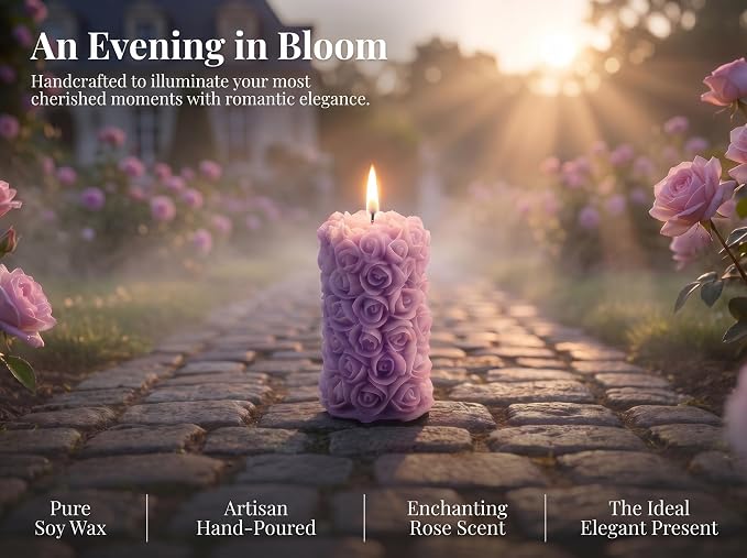 Rose Flower Engraved Scented Candle,Purple Rose Cluster Design,Floral Soy Wax Aroma Decorative Pillar Candle for Valentine's Day,Birthdays & Aesthetic Spaces