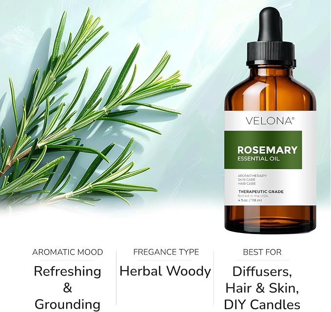 velona Rosemary Essential Oil - 4 Fl Oz | Therapeutic Grade | for Aromatherapy Diffuser, Massage, Skincare, Haircare, Soapmaking