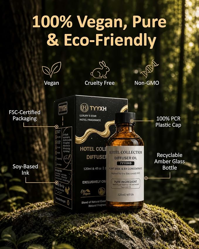 Hotel Diffuser Oil Inspired by Baccarat NYC – Fragrance & Essential Oil Blend for Waterless & Cold Air Diffusers – Bergamot, Mint, Cedarwood – Long-Lasting Aroma – Aromatherapy – 4 Fl Oz Glass Bottle