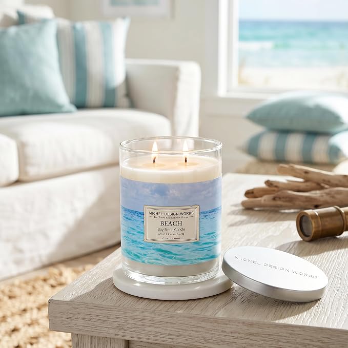 Michel Design Works Beach Scented Candle, 14 oz Soy Blend Dual Wick Candle, Glass Tumbler Jar with Lid, 75 Hour Burn Time, Clean Marine Coastal Home Fragrance Gift