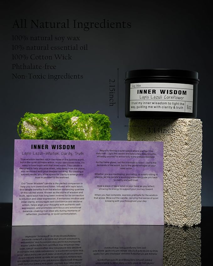 Inner Wisdom Candle – Lapis Lazuli Intuition Ritual | Third Eye Chakra | Clarity | Self-Trust | Spiritual Gift | Vegan Soy Crystal Candle (8 oz).