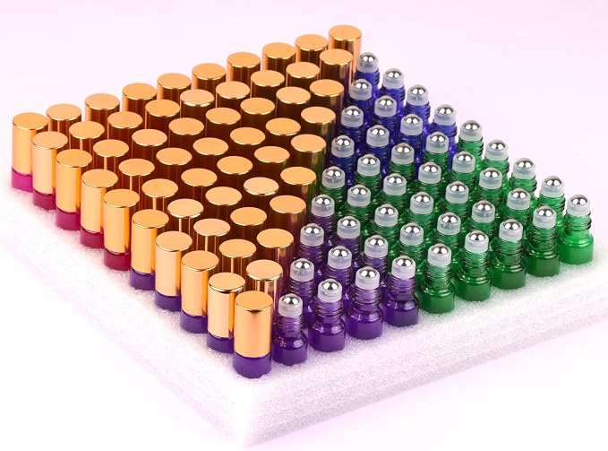 MaxMau Pack of 100,5ml Colored Roller Bottles for Essential Oils Perfume Refillable Glass Bottle Stainless Steel Roll On Ball Metal Cap Daily Aromatherapy