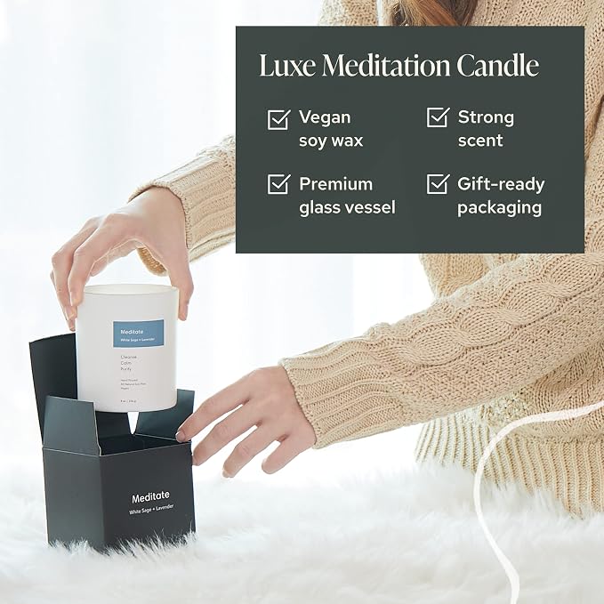 Mindful Modern Natural Meditate Candle | White Sage and Lavender Hand-Poured Soy Wax Stress Relief | Aromatherapy Candle | Elegant Scented Home Fragrance | Clean, Even, Longer Burn | 8 oz Glass Jar