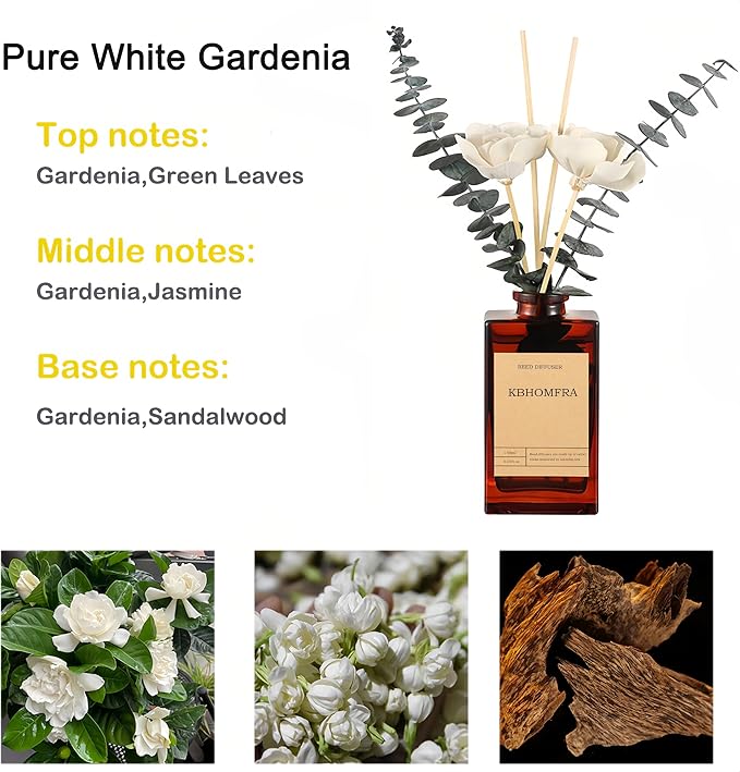 Reed Diffuser Set with Flower, 5.07oz Gardenia Jasmine Tea Diffuser Stick Scent of Fragrance Essential Oil,for Bathroom Diffuser Home Bedroom Office Décor