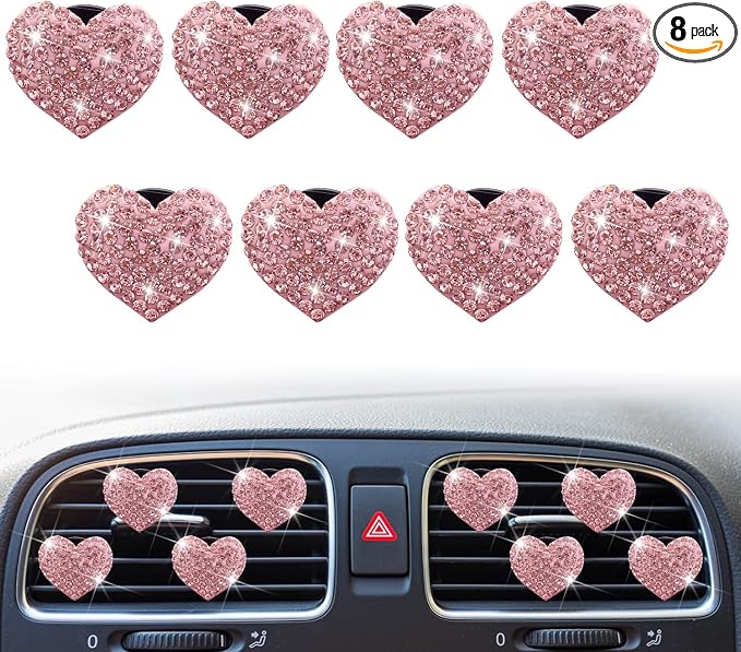 8-Pc Bling Heart Air Vent Clips, Crystal Heart Air Fresheners Vent Clip Rhinestone Car Decor - Cute Car Accessories for Women & Girls (Pink)
