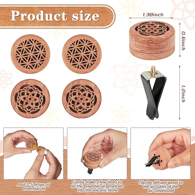Patelai 4 Pcs Essential Oil Aromatherapy Wood Diffuser - Car Freshener Vent Clip Lava Stone Aroma Automobile Diffuser, 2 Styles(Elegant)