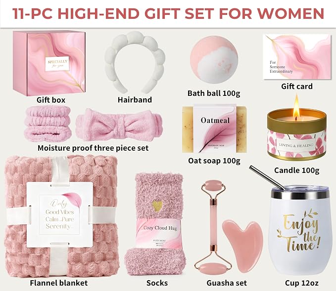 Spa Gift Baskets for Women - Self Care Gifts Kit for Women - Get Well Soon Cozy Relaxation Home Self Care Kits Set Valentine's Day Gifts for Woman Mom Best Friends Sister Wife, Pink