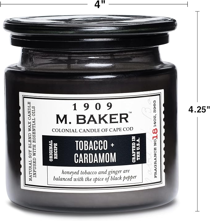 Colonial Candle Tobacco Cardamom Scented Jar Candle | 2-Wick Natural Soy Blend Wax Candle for Home | Relaxing Aromatherapy Candle Infused with Essential Oils | M. Baker Apothecary Glass Jar Candle