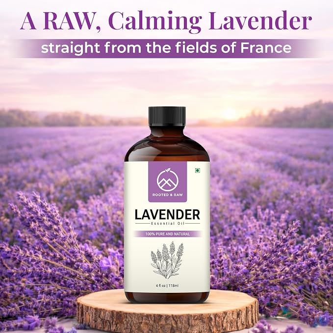 Lavender Essential Oil – Lavender Oil for Diffuser, Aromatherapy, Sleep, Skin & Hair – Large 4 fl oz with Glass Dropper – ROOTED & RAW