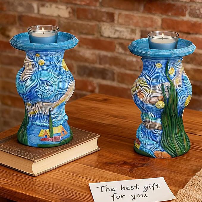 Vangogh Starry Nights Candlestick, Resin Decorative Taper Candle Holder, Art Home Decor, VintageCandle Sticks Holder, Candle Pillar Stands for Table Mantel Wedding Housewarming Gift Home Decoration