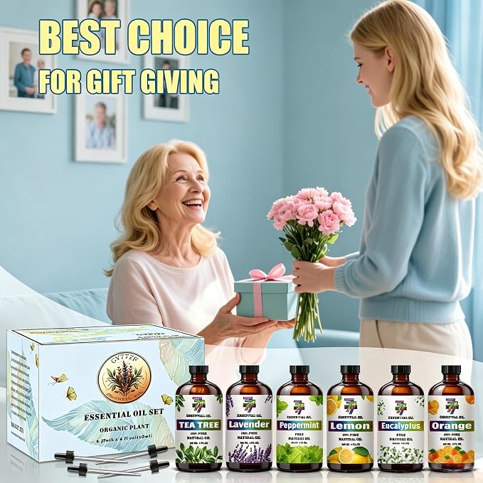 Essential Oil Set – 6 * 4 oz (120 ml) – Lavender, Peppermint, Lemon, Sweet Orange, Tea Tree, Eucalyptus – for Diffuser, Home Fragrance, Cleaning, Yoga, DIY Soap, Candles, Gift – GV77ZF