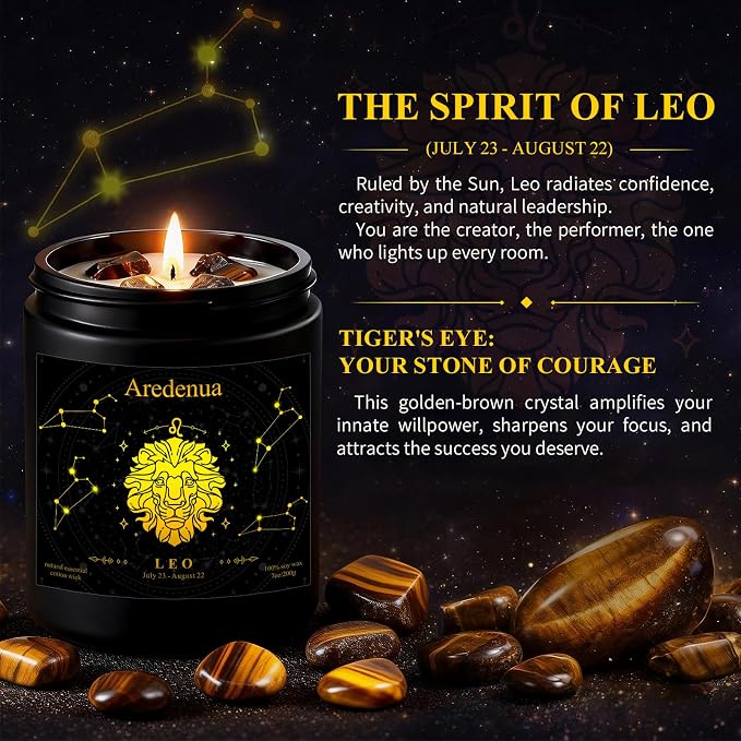 Leo Zodiac Candle | Astrology Birthday Gift for Women Healing Crystal Candles with Tiger Eye Crystals - Soy Candle, 7oz 50 Hour Burn, Spiritual Gift for Women, July August Birthday Candle
