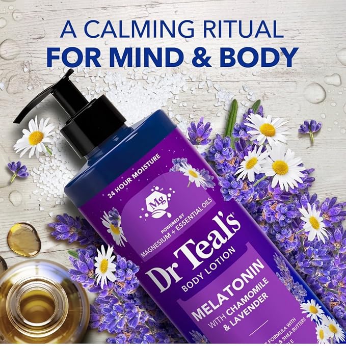 Dr Teal's Melatonin Body Wash and Body Lotion Set with Chamomile & Lavender, Magnesium & Essential Oils, 24 fl oz and 18 fl oz