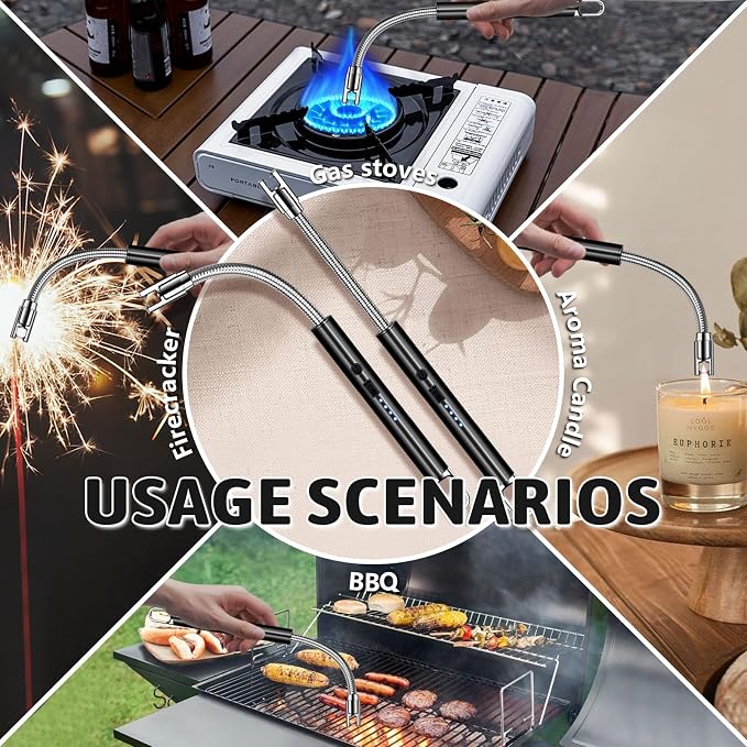 2 Pack Electric Candle Lighters, USB Rechargeable Lighter with Windproof Flameless & Extended Handle, Suitable for Candles, BBQ, Camping, Gas Stove, Festivals Gift (Black, 2 Packs-A)
