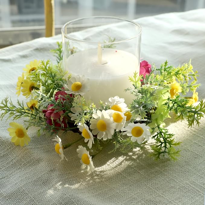 Daisy Candle Ring 2 Pcs 3'' (Inner) 6'' (Outer) Diameter Floral Spring Wreath with Artificial Daisy - Ideal Easter Candle Holders Easter Centerpieces for Tables