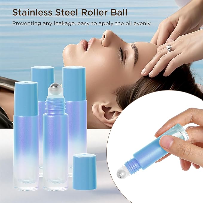 SESENSE Essential Oil Roller Bottles, 10ml Thick Glass Perfume Roller Bottles with Funnel Opener and Dropper Colored Glass Empty Bottles with Stainless Steel Roller Balls (Blue, 12 Pack)