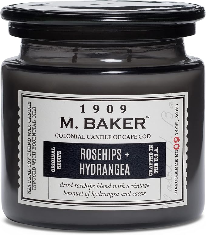 Colonial Candle Rosehips Hydrangea Scented Jar Candle | 2-Wick Natural Soy Blend Wax Candle for Home | Relaxing Aromatherapy Candle Infused with Essential Oils | M. Baker Apothecary Glass Jar Candle