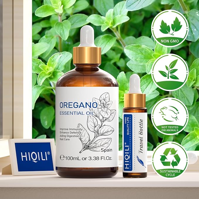 HIQILI 100 ML Oregano Essential Oil, Oregano Oil for Diffuser, Skin, Cleaning - 3.38 Fl Oz