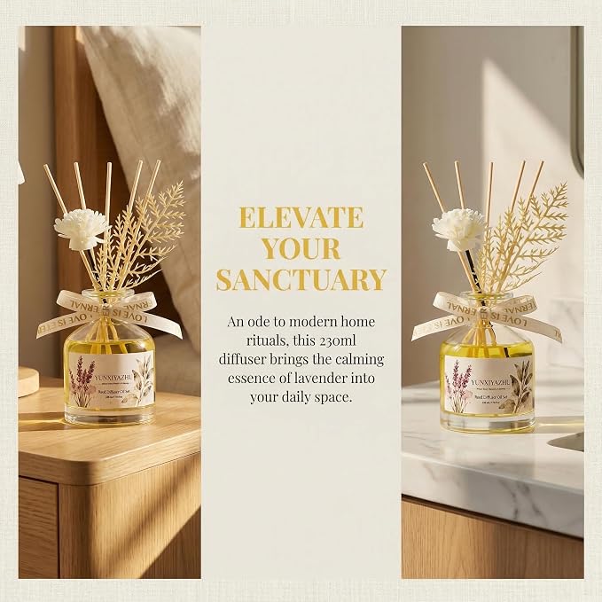 Reed Diffuser, Lavender, 7.78 fl oz, Oil-Based Alcohol-Free Waterless Flameless Pet-Friendly Home Scent