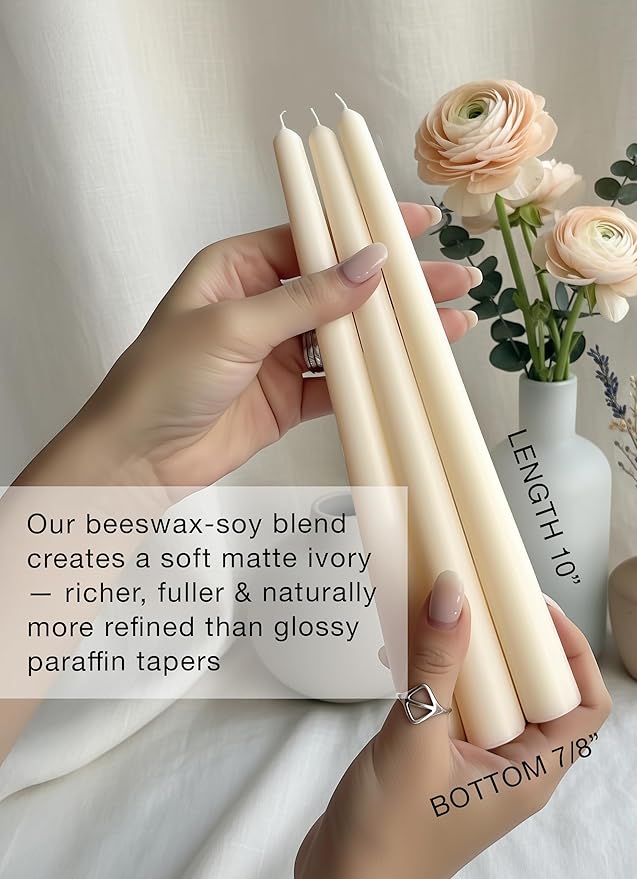 6 PK 10" Classic Taper Candles, Ivory, 7-8 Hours Long Burning, Unscented Tall Candlesticks
