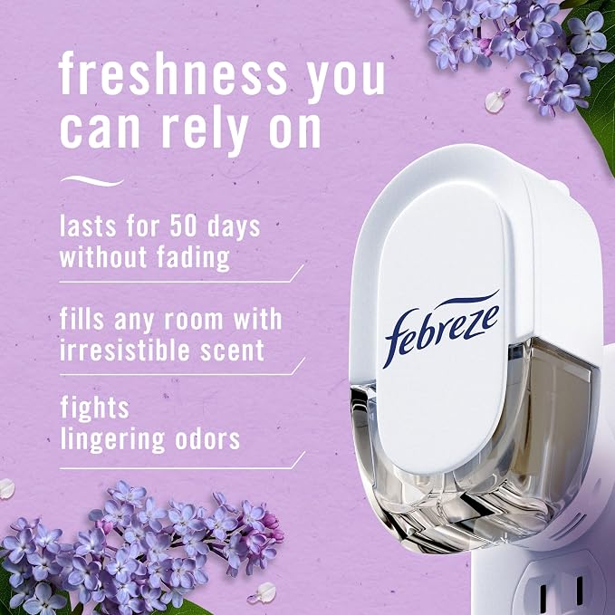 Febreze Plug In Air Freshener, Odor-Fighting Scented Oil Refill, Air Fresheners for Home and Bathroom and Kitchen, Long Lasting for Strong Odors, Lilac and Peach Scent, 0.87oz Refills, 4 Count