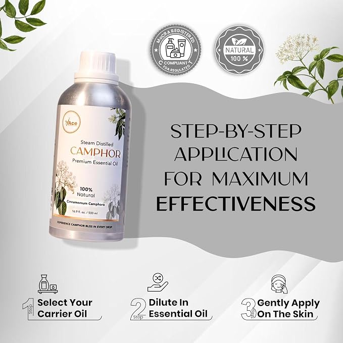 My ACE Camphor Essential Oil 16 Fl Oz - 100% Pure & Natural - Premium Grade for Aromatherapy, Diffuser, Skin, Hair, Massage, Candle & Soap Making, Home - Glass Bottle with Dropper - Long Lasting Scent
