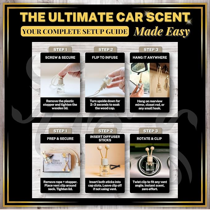 Urban Naturals Car Air Freshener Diffuser 3 Pack - Black Dice Scent, 45+ Days Long Lasting Fragrance, Made in USA, Glass & Wood, Hanging Design + Vent Cip, Easy to Use