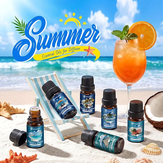 Summer Essential Oils for Diffuser - Ocean Wind, Tropical Coconut, Seashore Stroll, Hawaiian Suntan, Jamaica Crazy, Watermelon Splashing, Tropical Scented Oil for Home, Candle Making